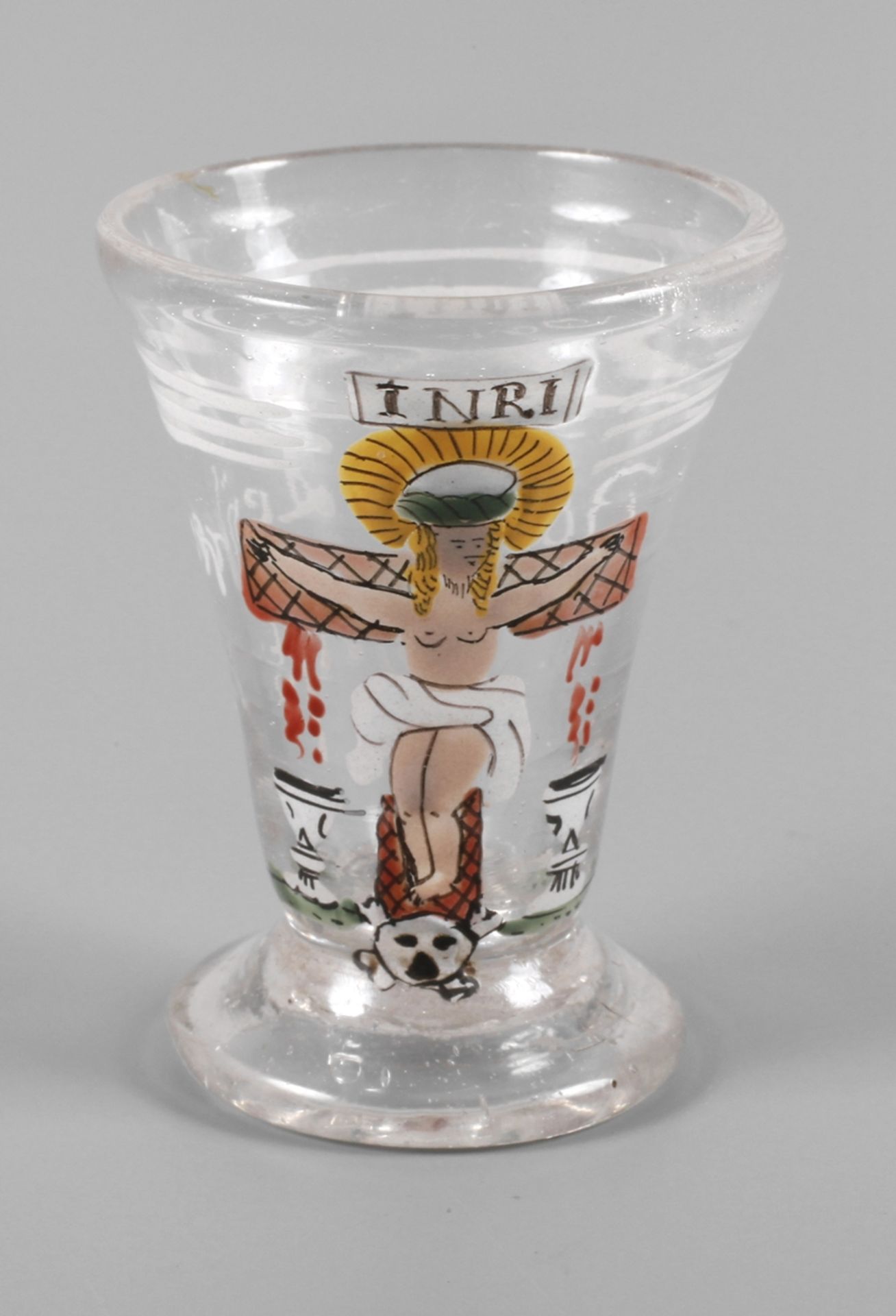 Schnapsglas ""Daß Leijden Christi""um 1700, farbloses Glas, ausgestellter angesetzter Stand,