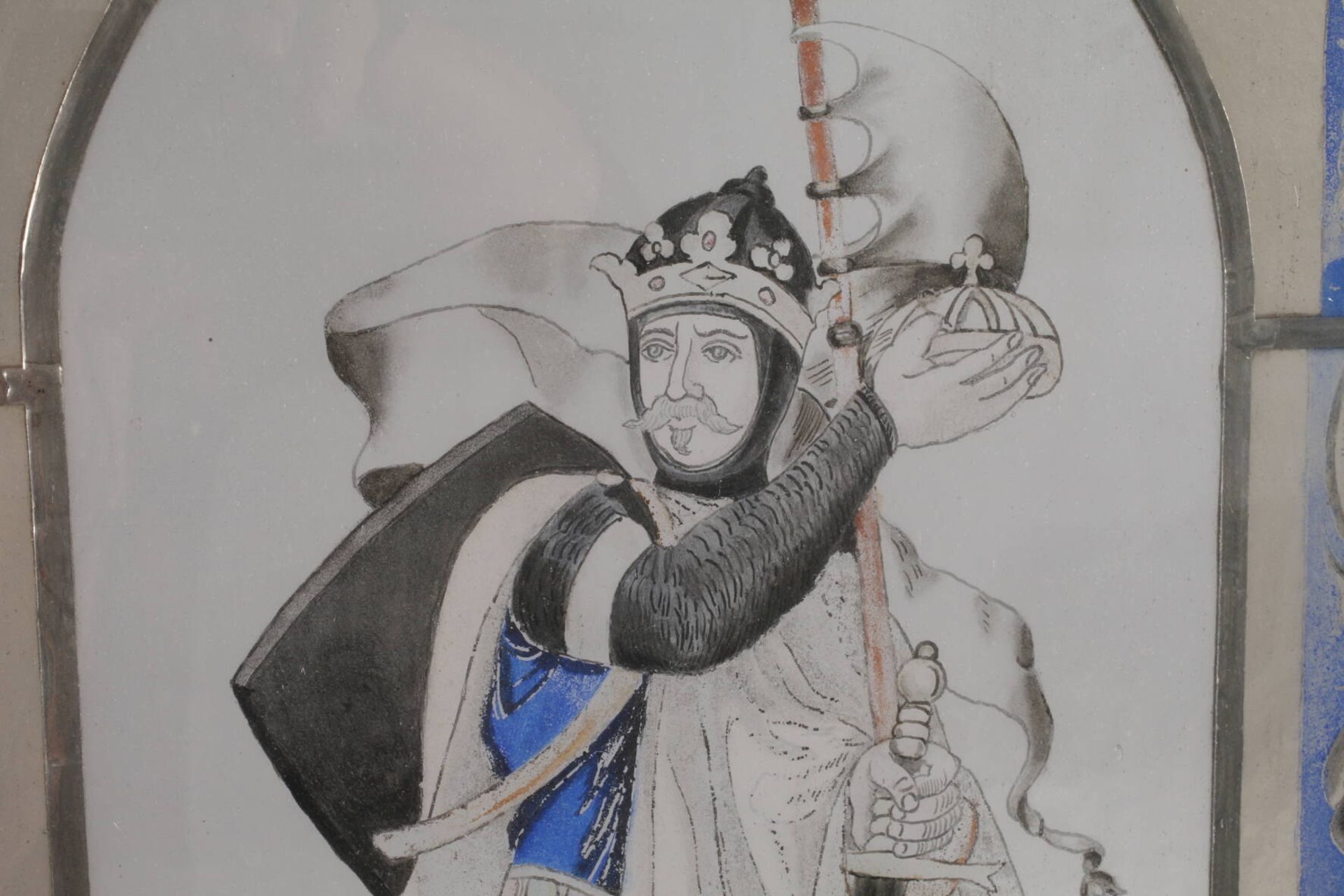Paar Bleiglasfensterwohl Ende 19. Jh., emaillierte Darstellung eines Ritters und eines Königs mit - Bild 4 aus 5