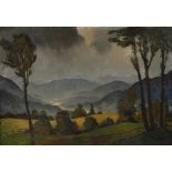 Johannes Beutner, "Landschaft in Oberbayern"trübe Regenstimmung über sommerlicher Gebirgslandschaft,