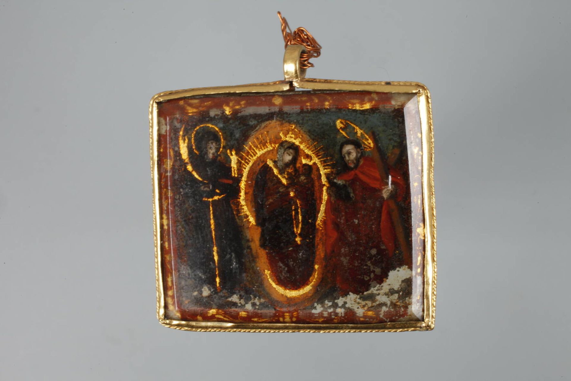 Anhänger mit Heiligendarstellungwohl 17./18. Jh., Fassung Gold ca. 750/1000, Hinterglasmalerei, - Image 2 of 3
