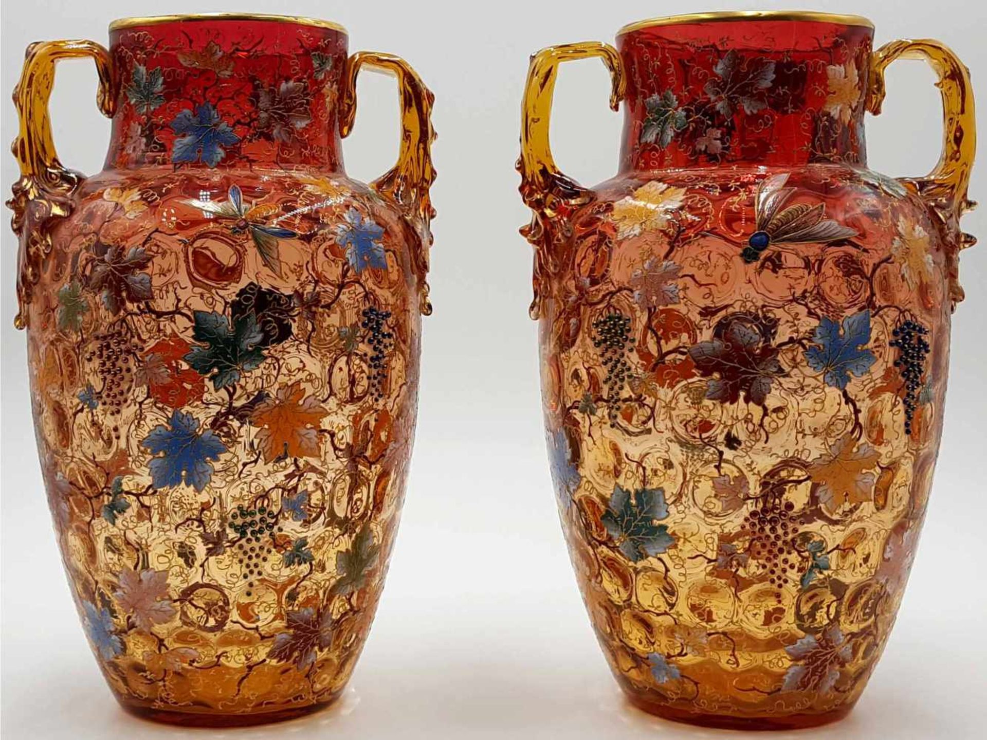 A pair of glass vases with enamel. Decor insects and wine. - Bild 5 aus 11