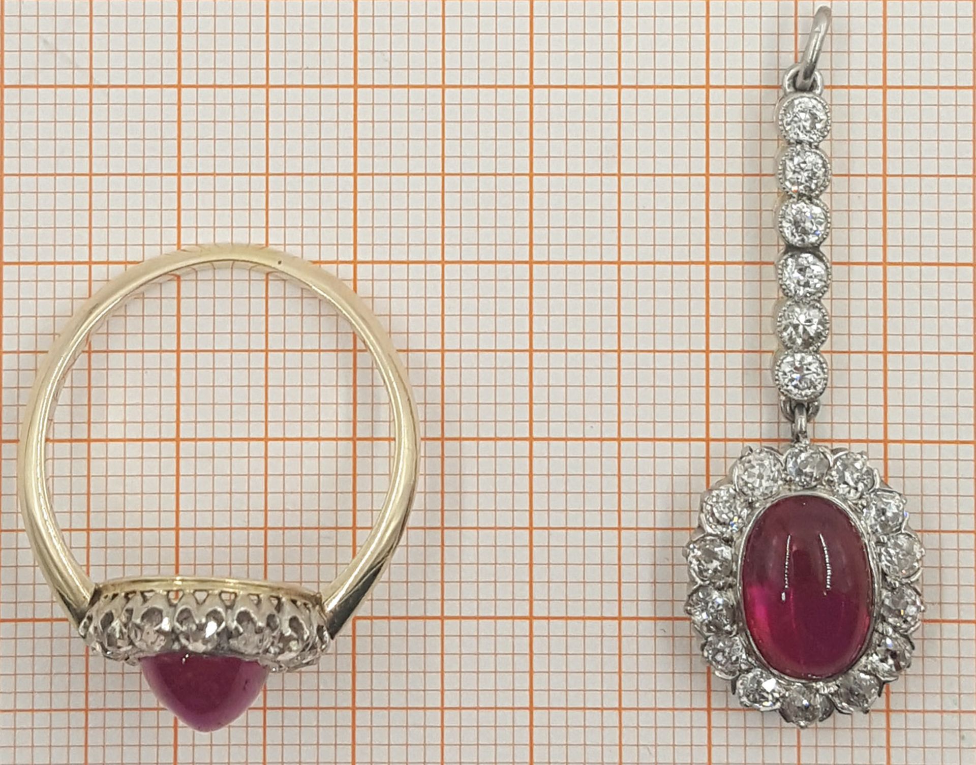 Set. Ring with ruby (Burma) and 14 diamonds. - Bild 8 aus 13