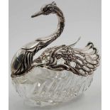 Swan vessel. Swan 835 silver. Lead crystal glass body.