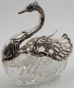 Swan vessel. Swan 835 silver. Lead crystal glass body.