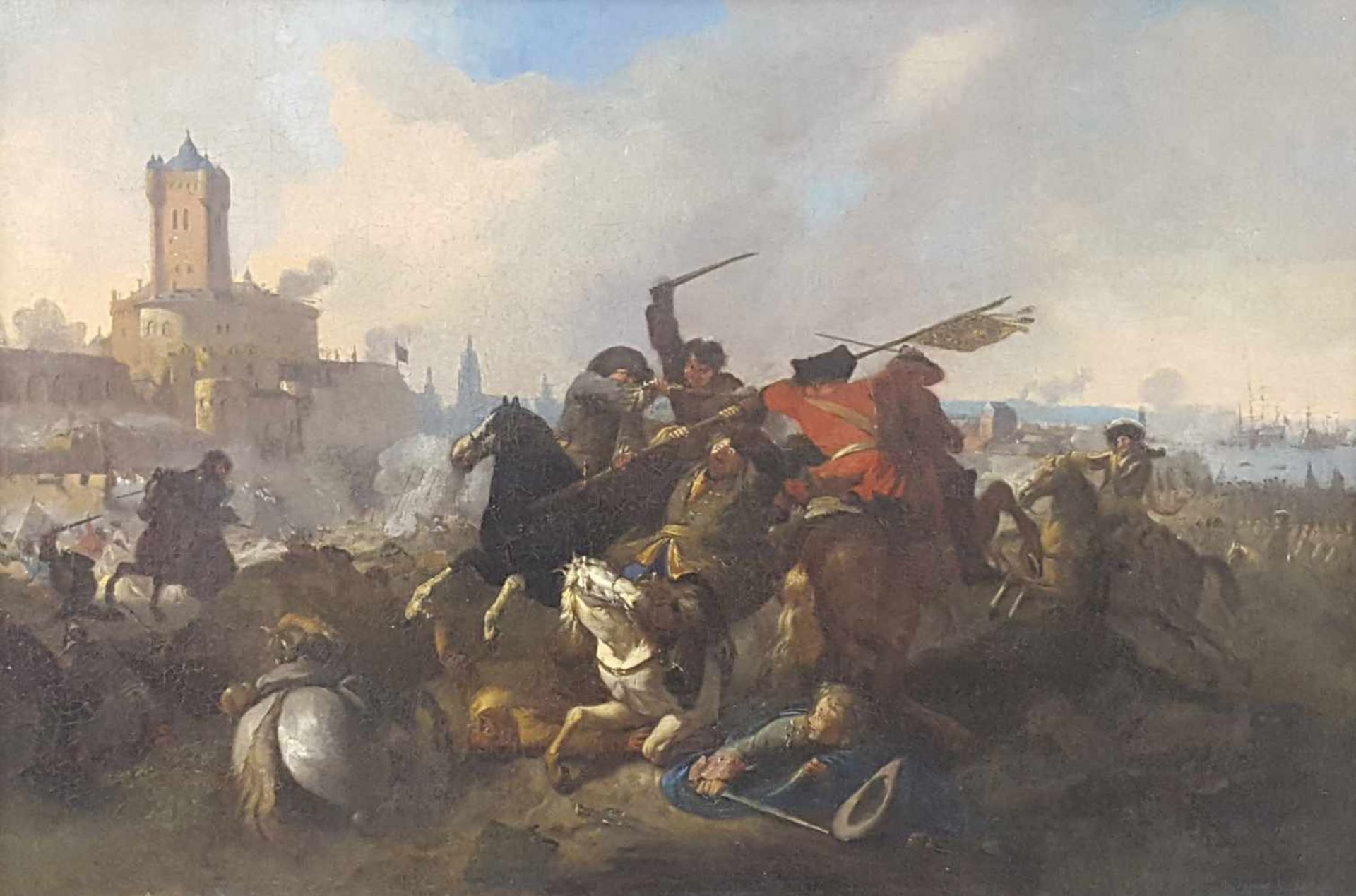 Attributed to Jan VAN HUCHTENBURGH (1647-1733). Battle scene with horses.