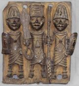 Relief. With 3 figures. Benin? Probably bronze. 42 cm x 34 cm.