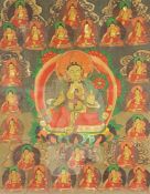 THANGKA. Portrait of the green tara accompanied by other holy figures.