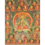 THANGKA. Portrait of the green tara accompanied by other holy figures.