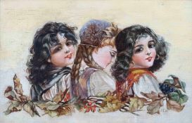 MONOGRAMIST "J.T." (XIX). Three girls with autumn leaves. 1899.