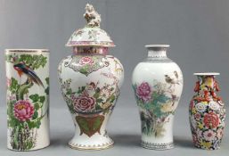 3 vases and 1 lid vase. Proably China.