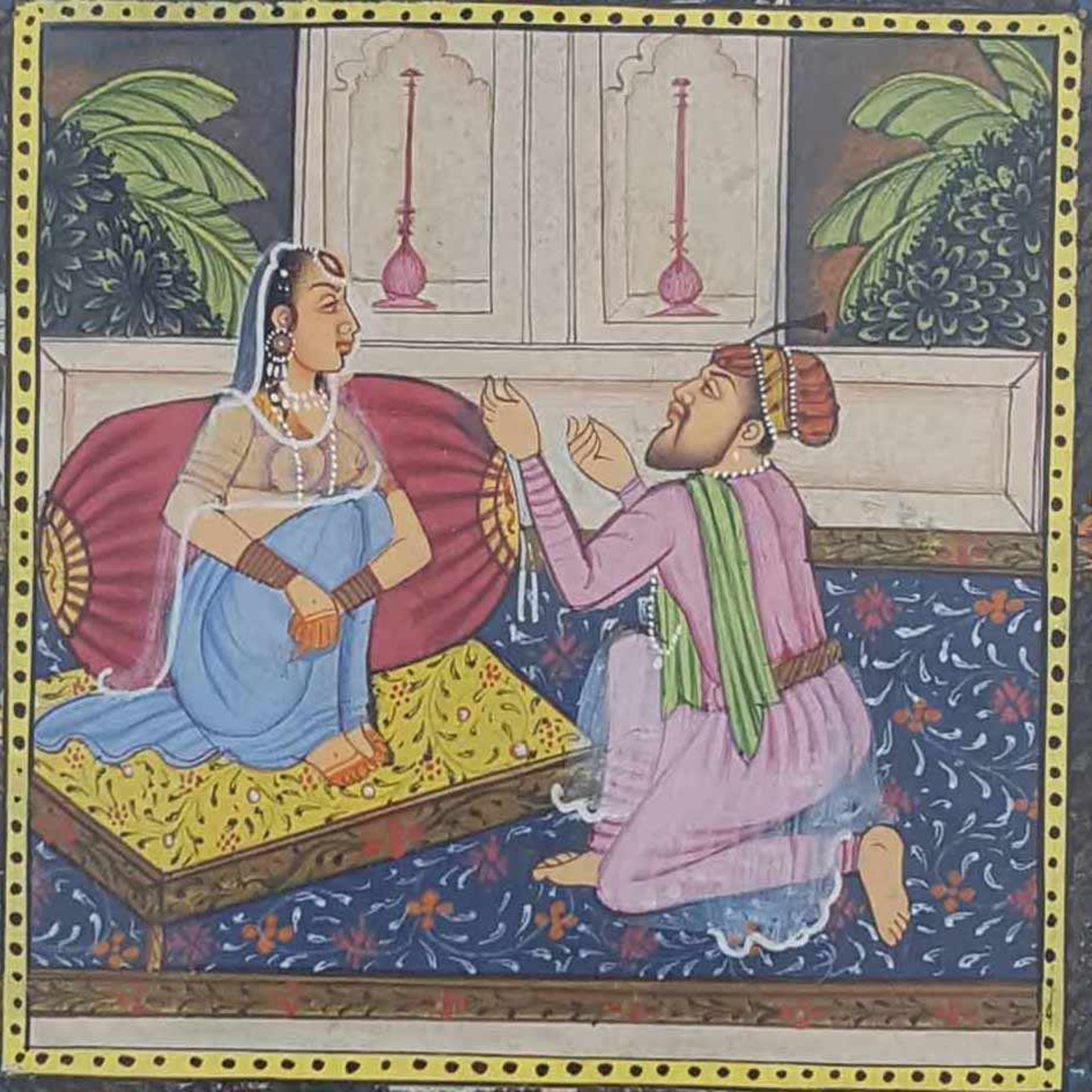 Mughal miniature. Probably King Akbar and Queen Jodha-Bai. - Image 2 of 4