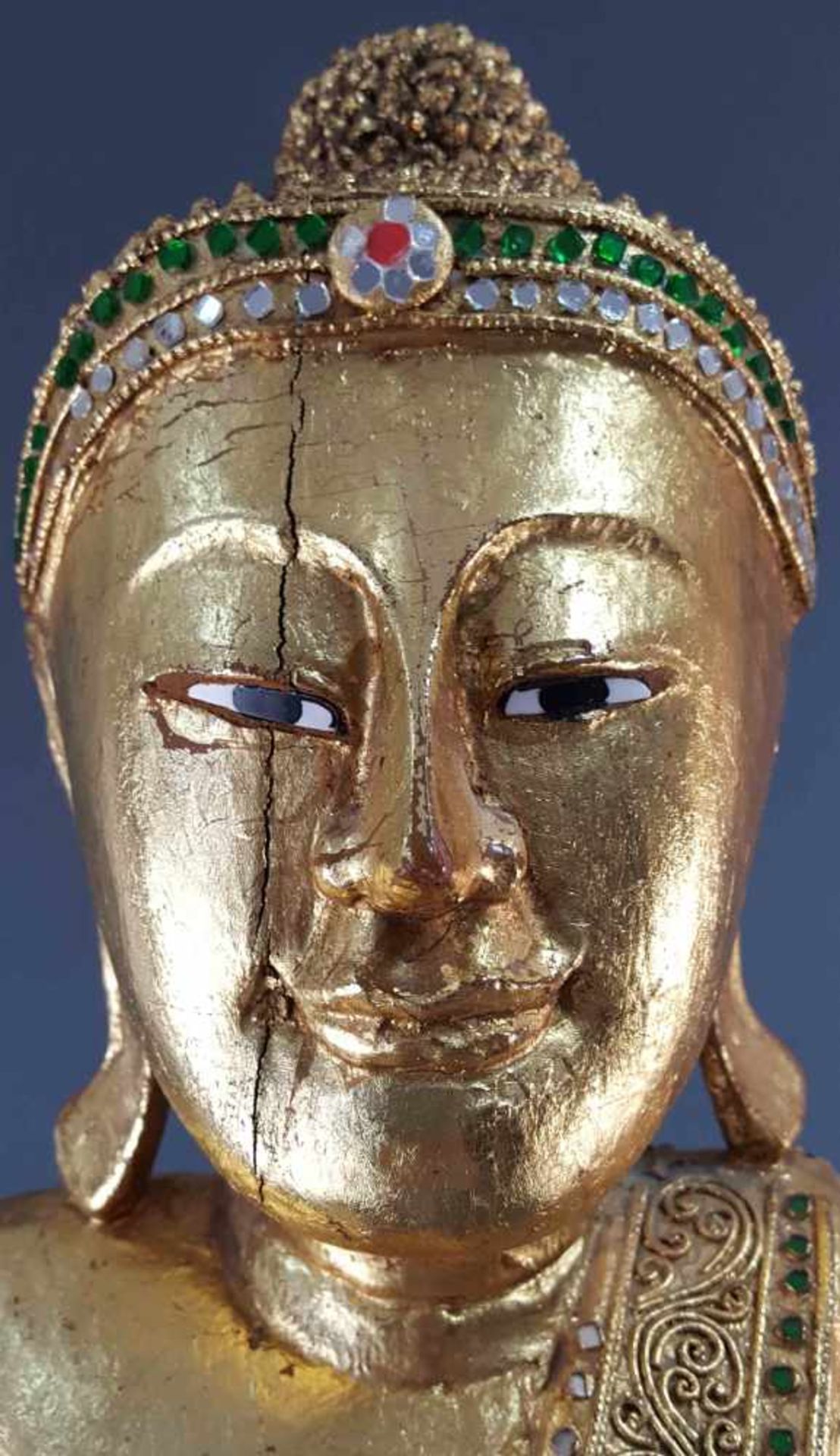 Standing Buddha. Carved wood. Gold colored with glass highlights. - Image 8 of 8