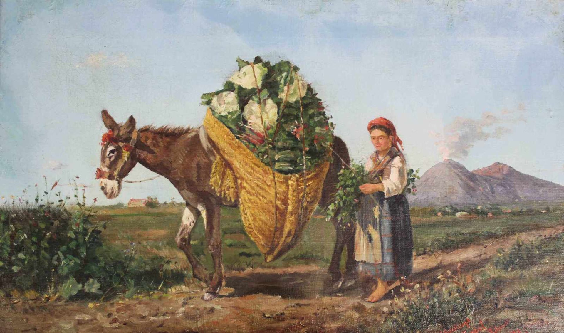 INDISTINCTLY SIGNED (XIX). Donkey with flower girl in front of Vesuvius, 1871.