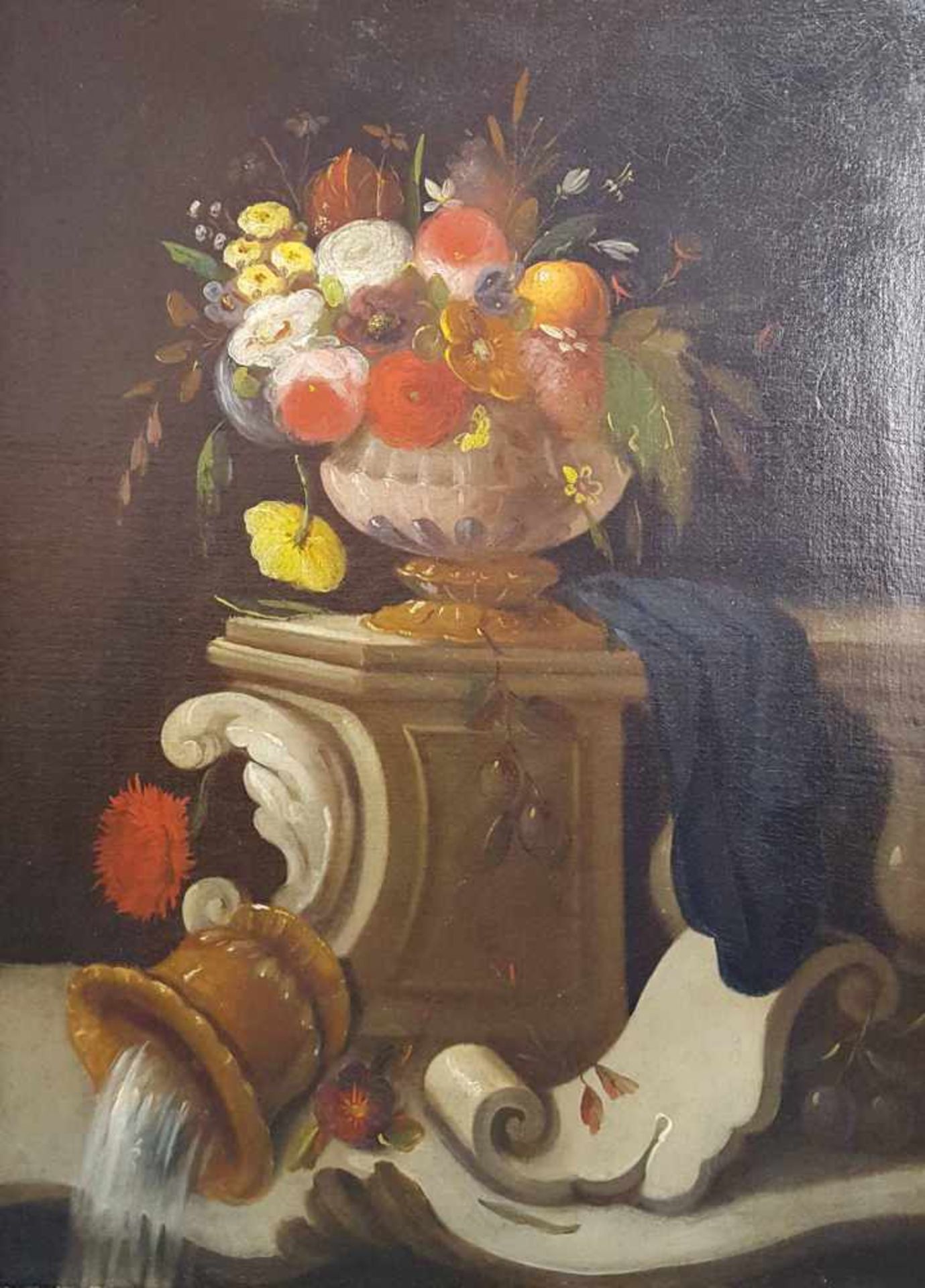 UNSIGNED (XVIII). Two still lifes with flowers, fruits and architectural elements. - Image 3 of 4