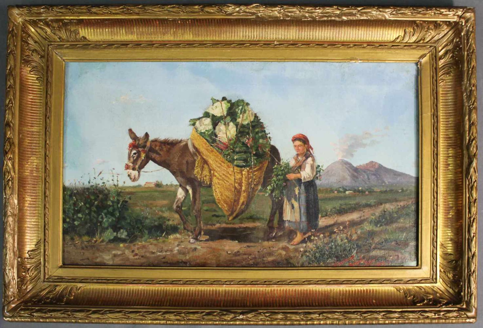 INDISTINCTLY SIGNED (XIX). Donkey with flower girl in front of Vesuvius, 1871. - Bild 2 aus 4