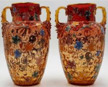 A pair of glass vases with enamel. Decor insects and wine.