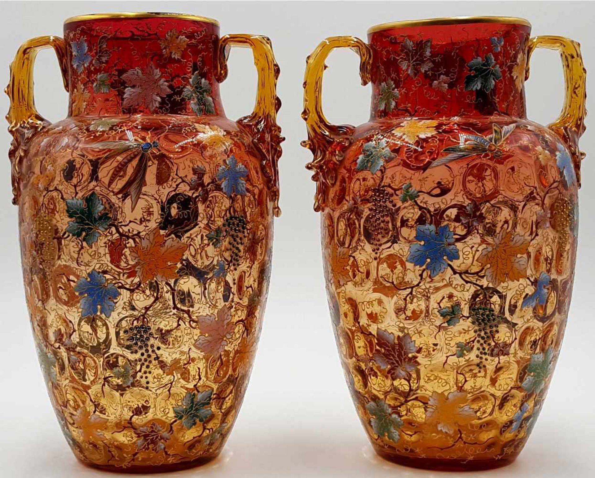 A pair of glass vases with enamel. Decor insects and wine.