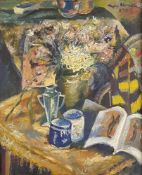 EXPRESSIONIST (XX). Flower still life with art catalog, 1923.