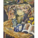 EXPRESSIONIST (XX). Flower still life with art catalog, 1923.