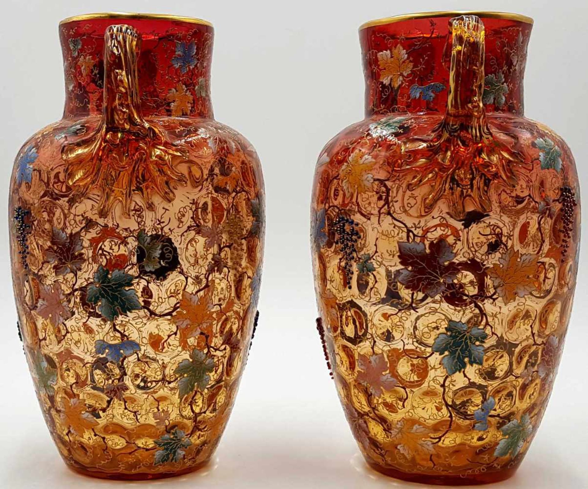 A pair of glass vases with enamel. Decor insects and wine. - Bild 6 aus 11