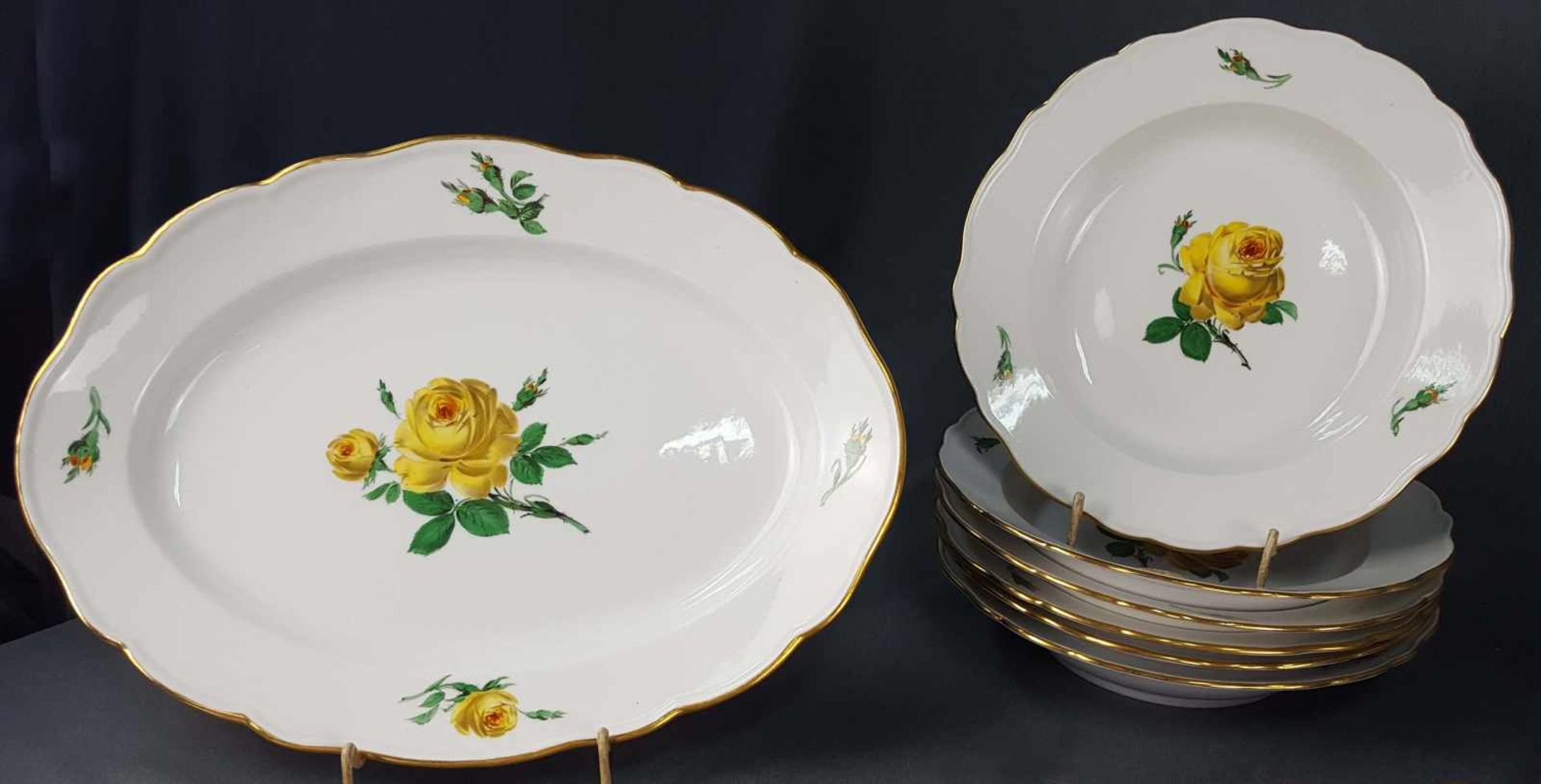 Dining service Meissen porcelain, yellow rose with gold rim. - Image 2 of 18