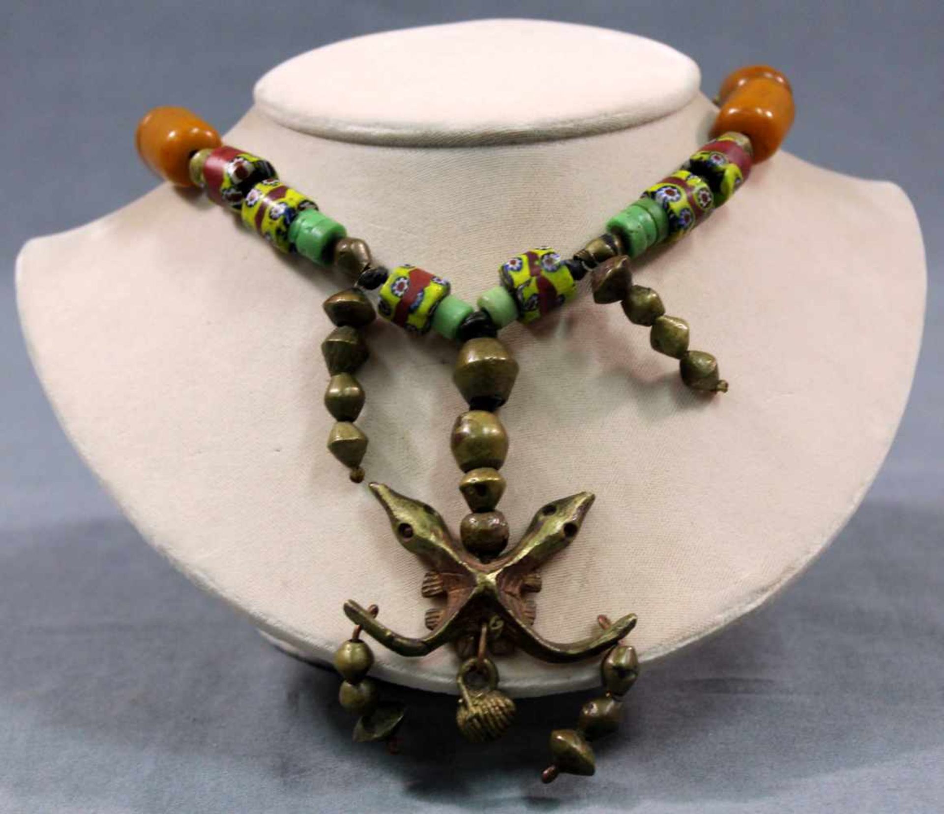 Necklace with amber, glass and brass. Nigeria.