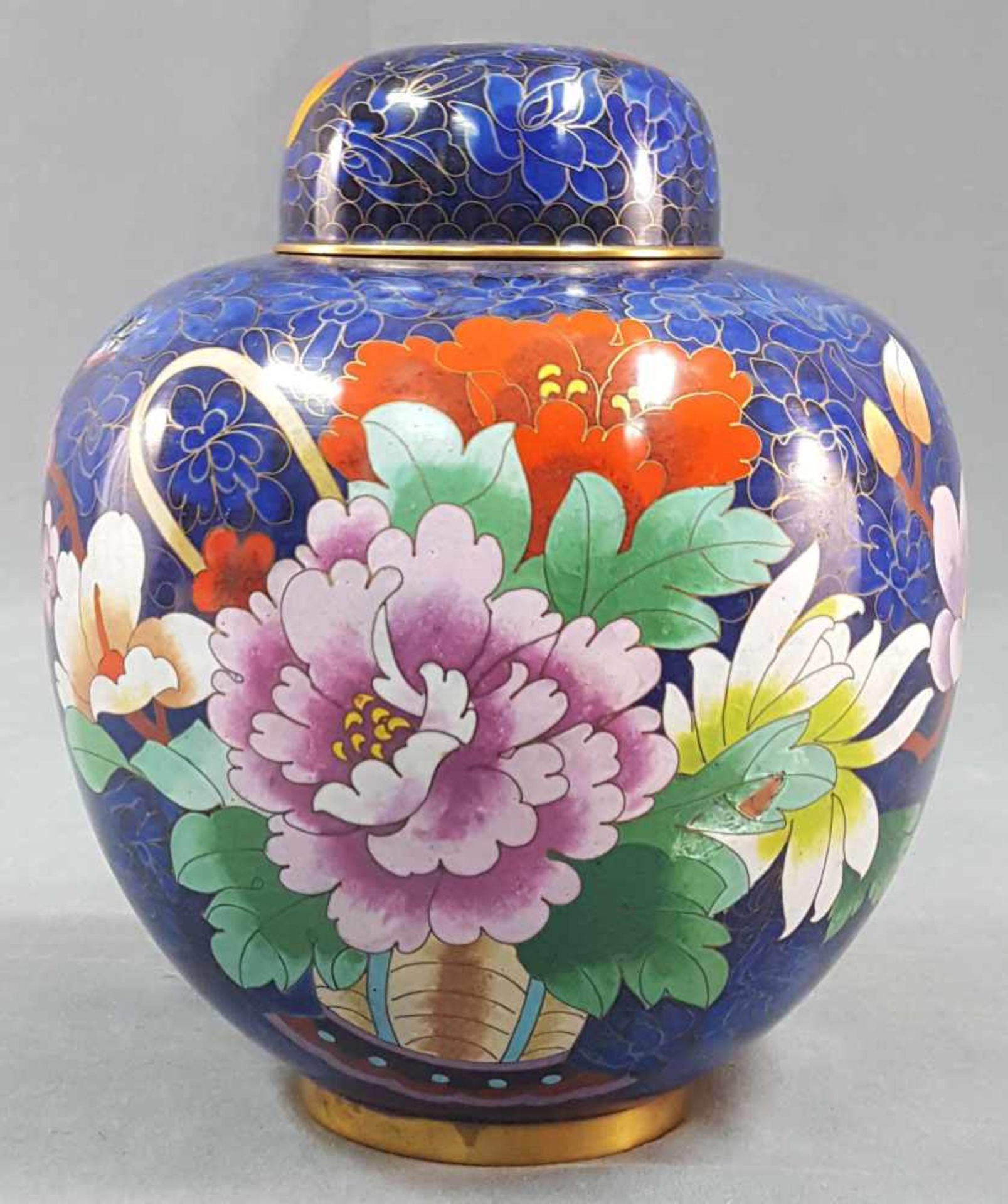 Cloisonne lidded vase with lotus flower. Ginger pot.