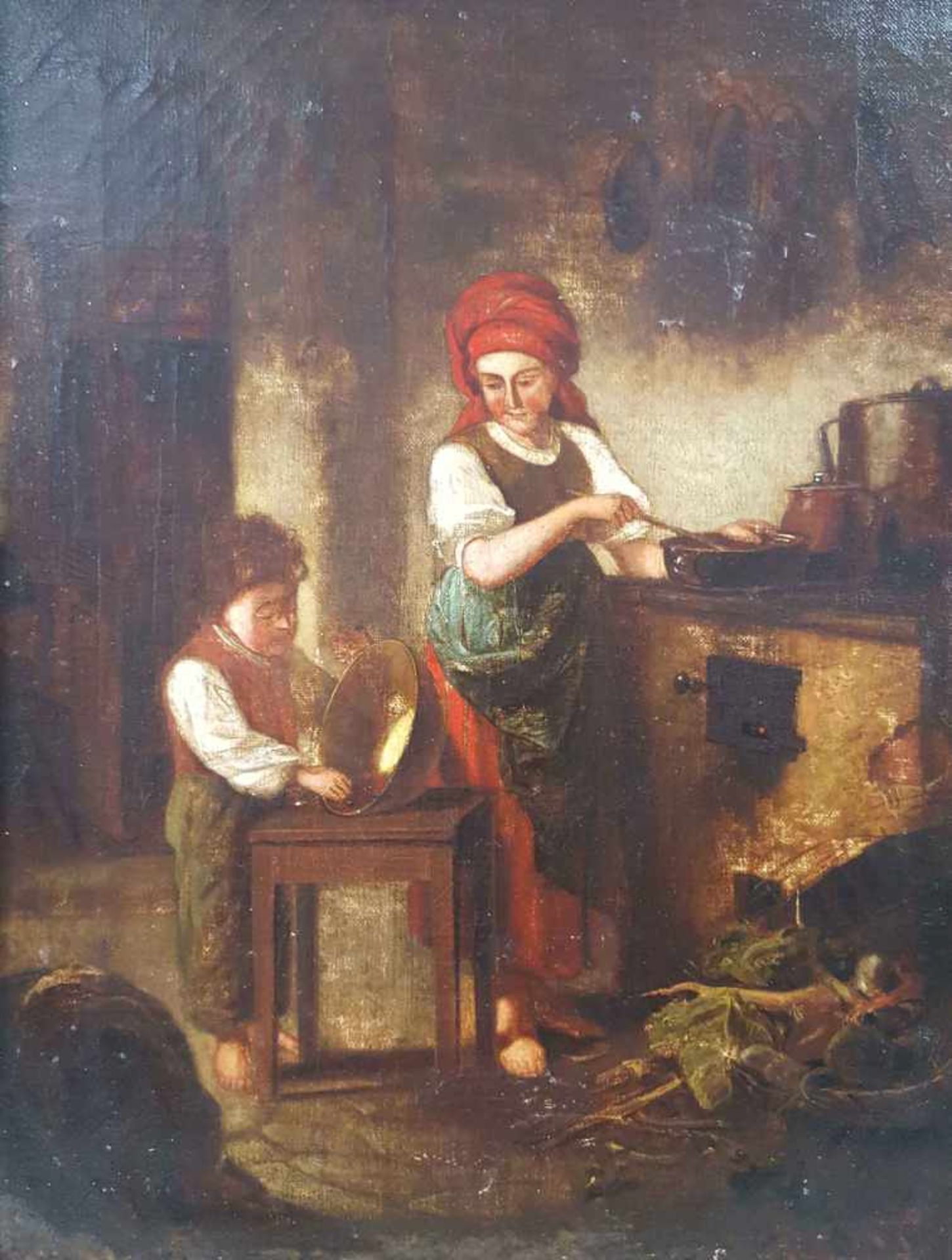 UNSIGNED (XVIII-XIX). Mother with son cooking.