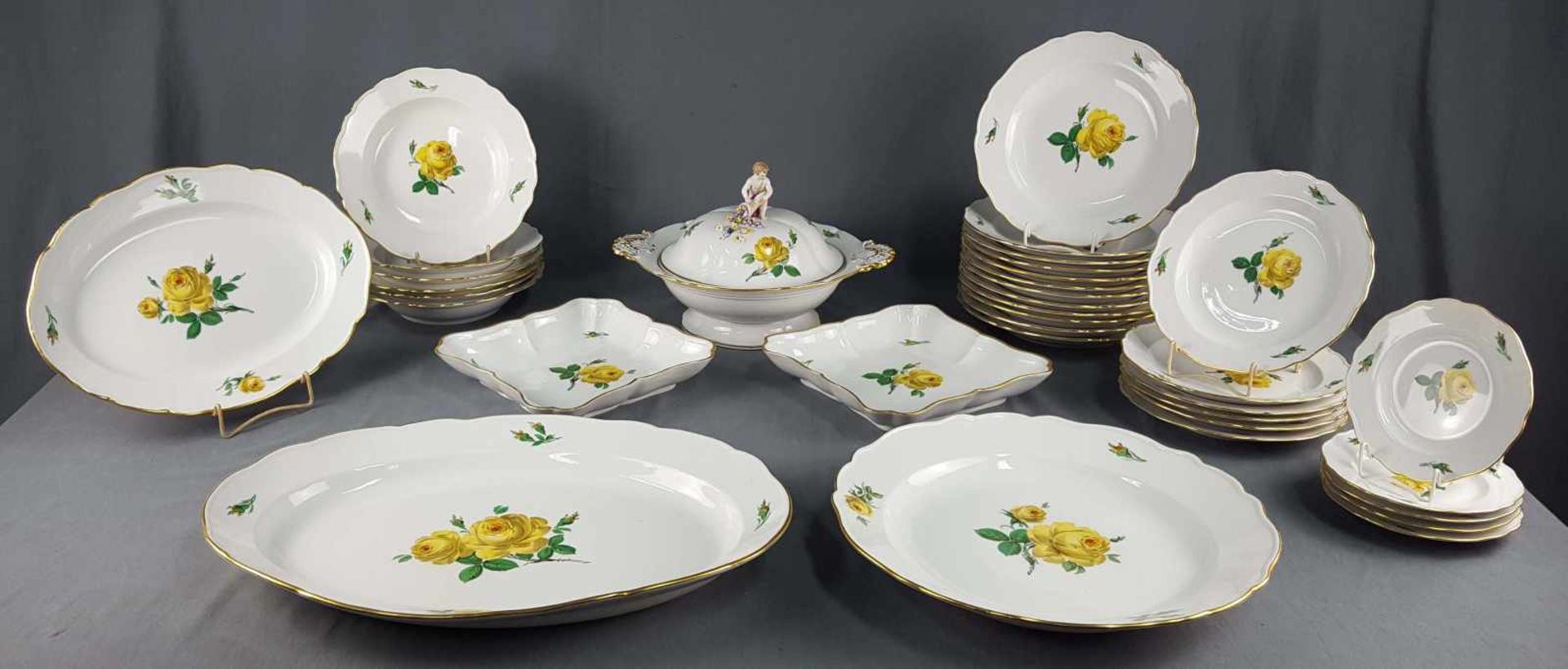 Dining service Meissen porcelain, yellow rose with gold rim.