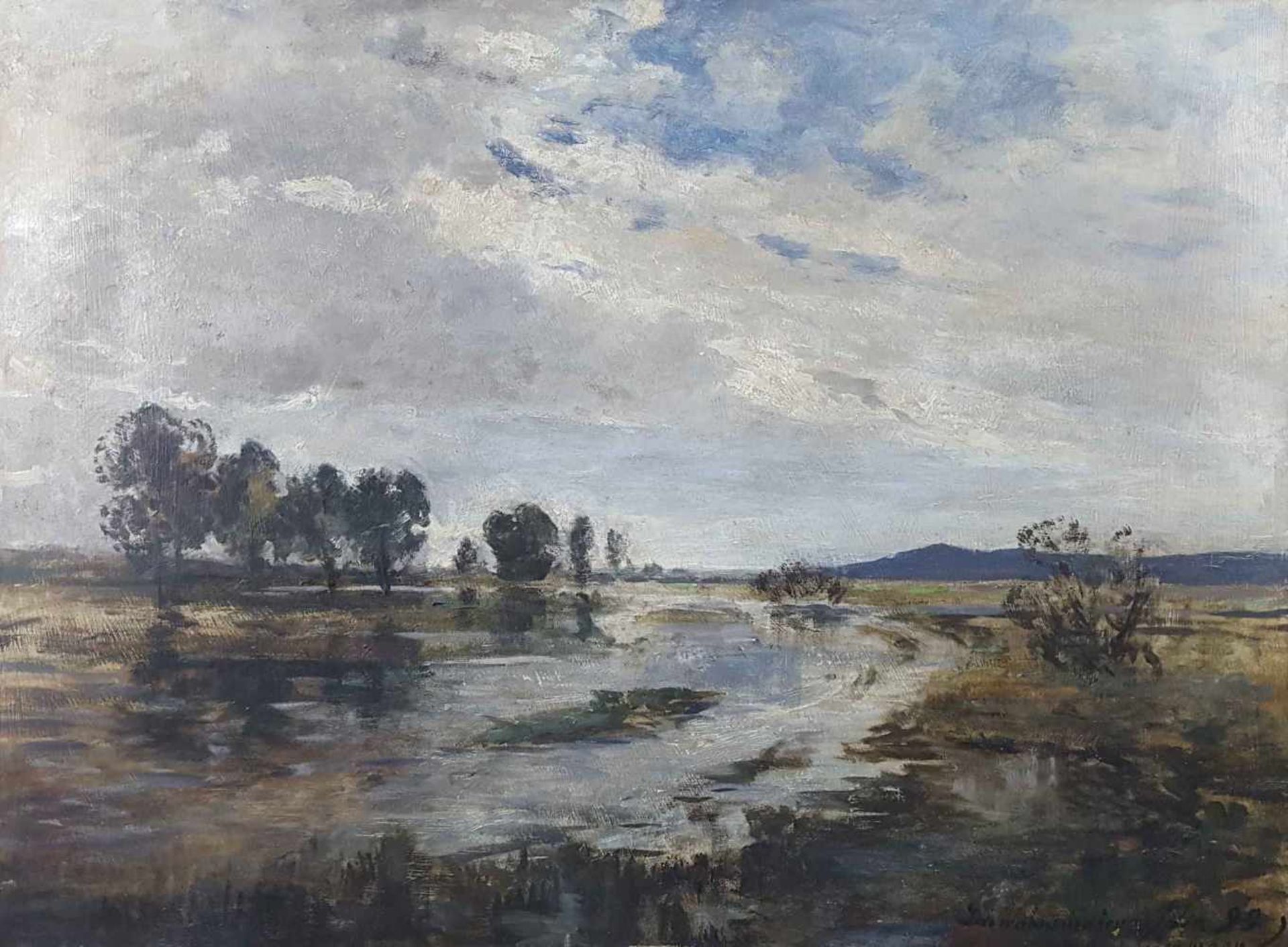 INDISTINCTLY SIGNED (XIX). Impressionist river landscape, 1899.
