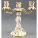 Three-flame candlestick. Meissen, with gold decoration.