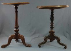 Two side tables wood. One ebonized, one with embroidery. 19th century.