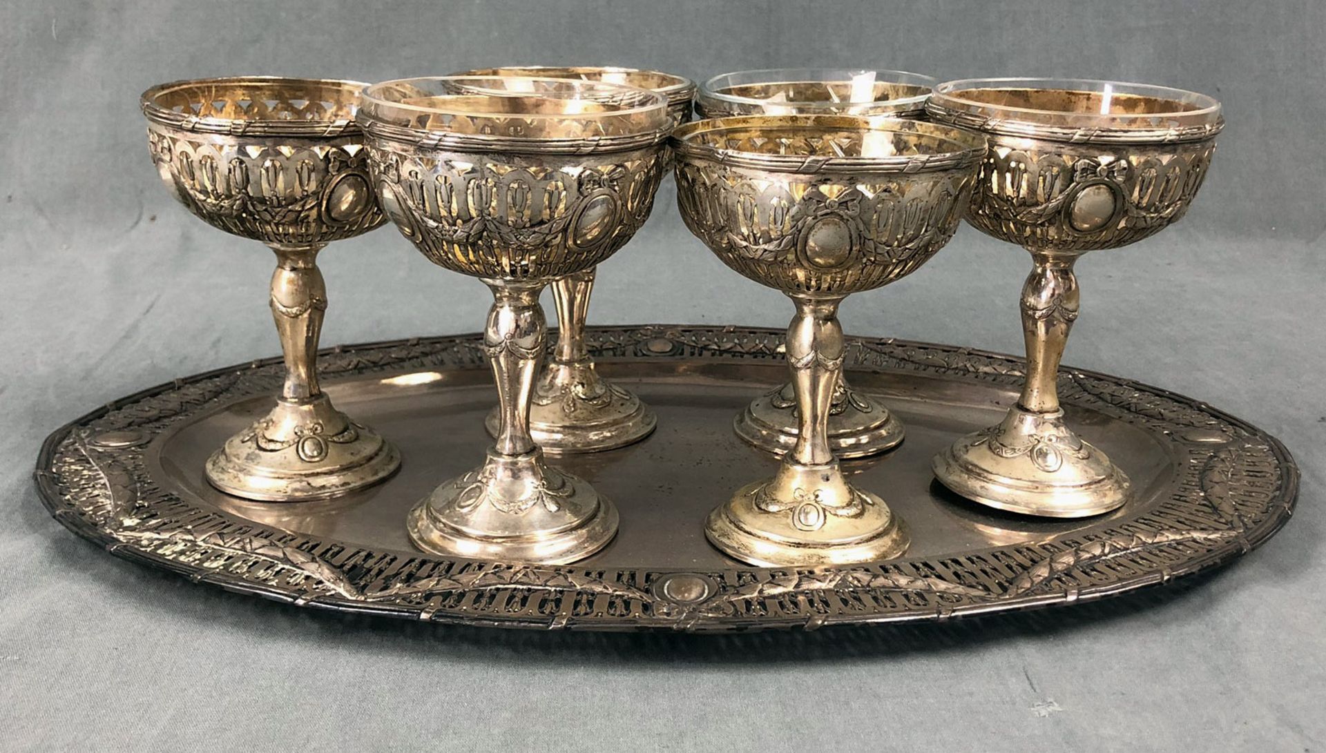 800 silver, 6 goblets with glass insert and tray. Art Nouveau.Circa 1850 grams of silver. Hallmarks: