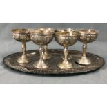800 silver, 6 goblets with glass insert and tray. Art Nouveau.Circa 1850 grams of silver. Hallmarks:
