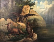 UNSIGNED (XIX). Injured red deer beeing attacked by three eagles.48 cm x 60 cm. Painting. Oil on