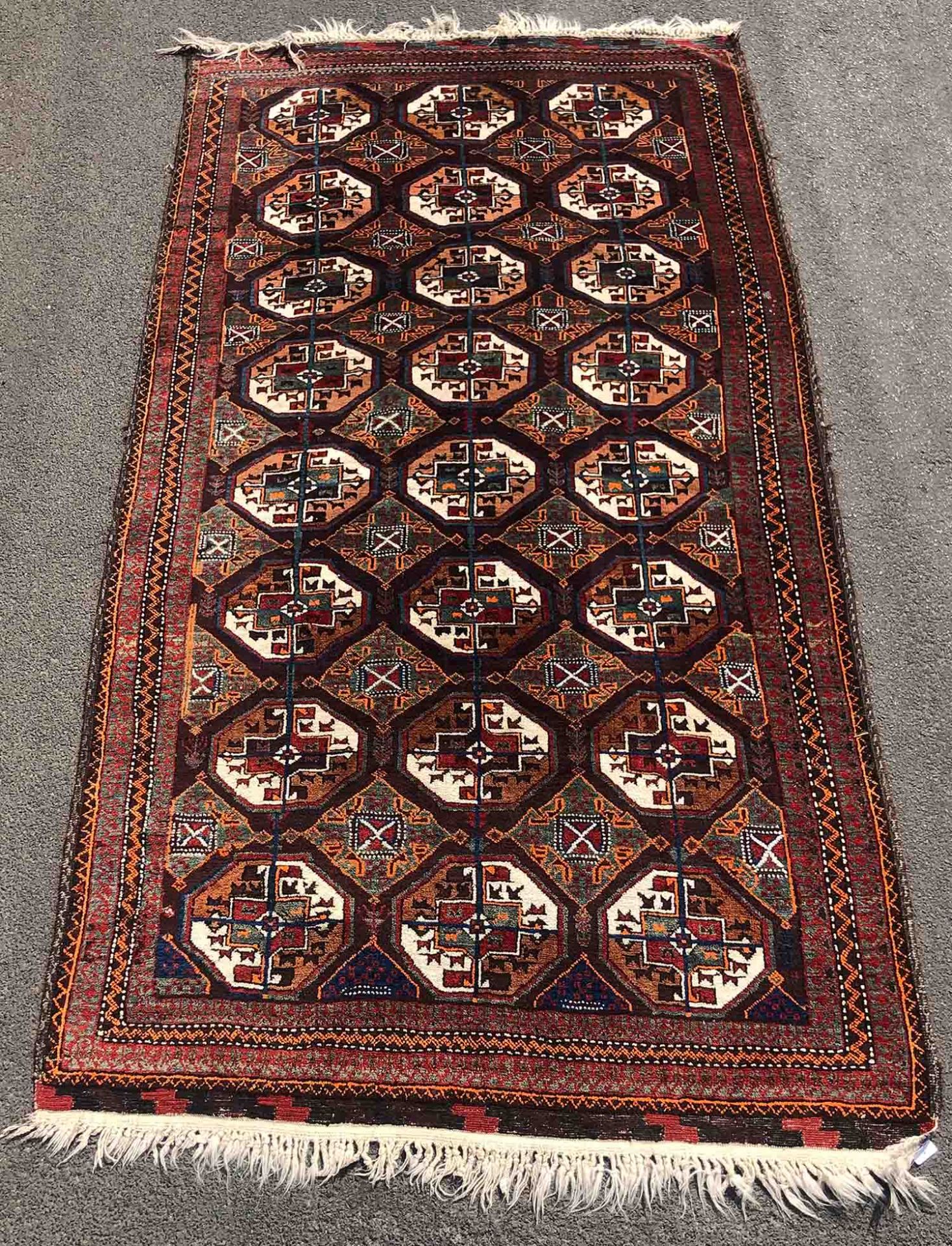 Baluch main carpet. Turkmen from Chorassan. Old, around 1930.280 cm x 155 cm including the flat