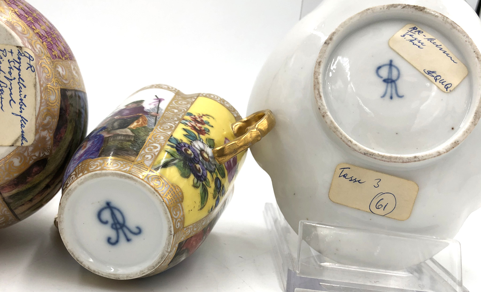 Porcelain. Probably early Meissen.2 double pumpkin bottles with stoppers, '' AR '' mark, and a cup - Image 13 of 13