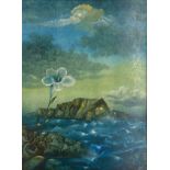 Horst G. LOEWEL (1939 -). ''Blüte zwischen Meeresfelsen''.39 cm x 29 cm. Painting, oil on panel.