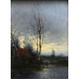 Johann JUNGBLUT (1860 - 1912). Spring evening on the Lower Rhine.25 cm x 20 cm. Painting. Oil on