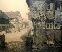 Attilio SACCHETTO (1876 -?). Village with dung heap and wine 1926.72 cm x 84 cm. Charcoal drawing.