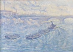Attributed to Nicolae DARASCU (1883 - 1959). Barges in front of industry.50 cm x 68 cm. Painting,