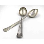 2 large silver spoons, Copenhagen. '' CLEMENT ''.450 grams. Up to 42 cm long. Each with three turret