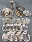 Silver. Trays, coasters, bowls, napkin rings and vases.At least 2353 grams of silver. Weighed