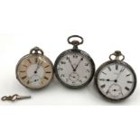 Three silver pocket watches. 1 Omega Tula, 1 Cyma Tula, 1 key watch.Up to 4.6 cm in diameter.