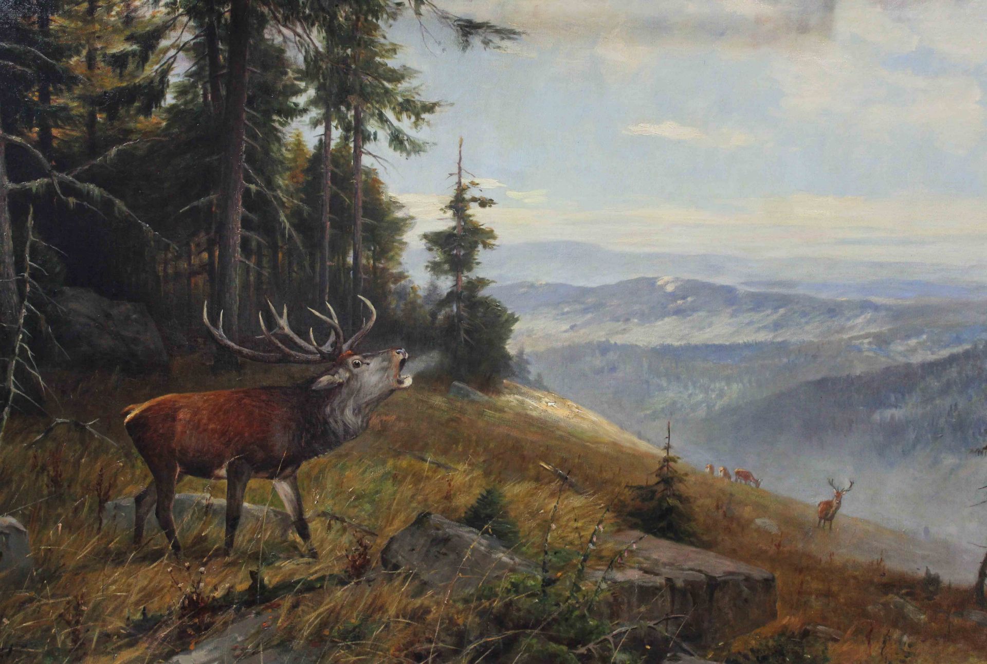 Karl W. WENZEL (1889 - 1947). Deer. Rut.90 cm x 150 cm. Painting. Oil on canvas. Signed lower