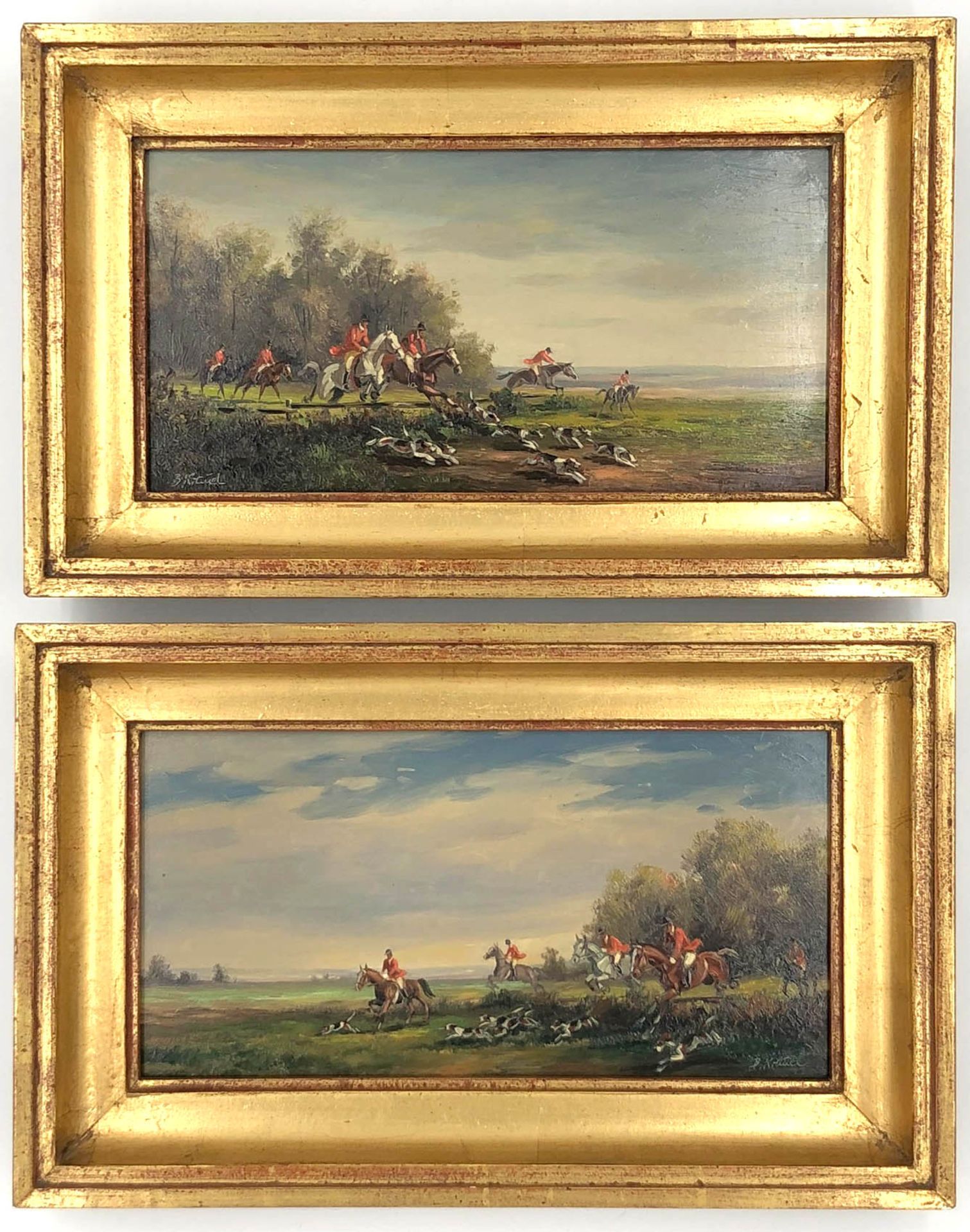 Bruno KRAUEL (1907 - 1999). 2 paintings fox hunt. A pair.13 cm x 26 cm. Painting. Oil on wood.