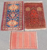 3 Oriental rugs. Handmade. Old / Antique.Lesghi 121 cm x 74 cm. About 70 years old.Ersari prayer rug