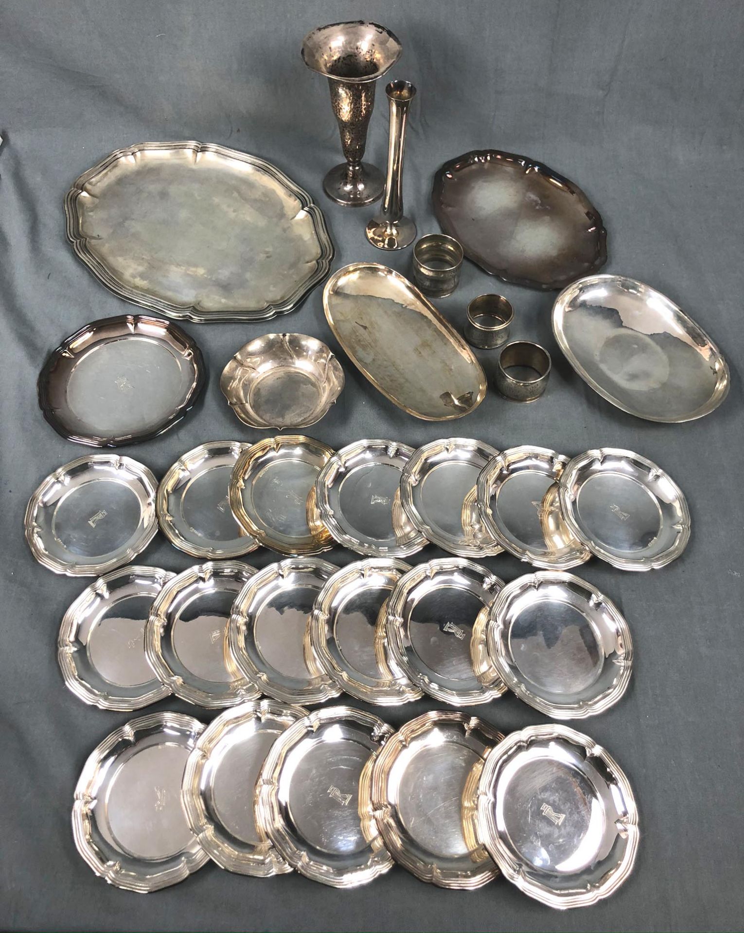 Silver. Trays, coasters, bowls, napkin rings and vases.At least 2353 grams of silver. Weighed - Image 4 of 13