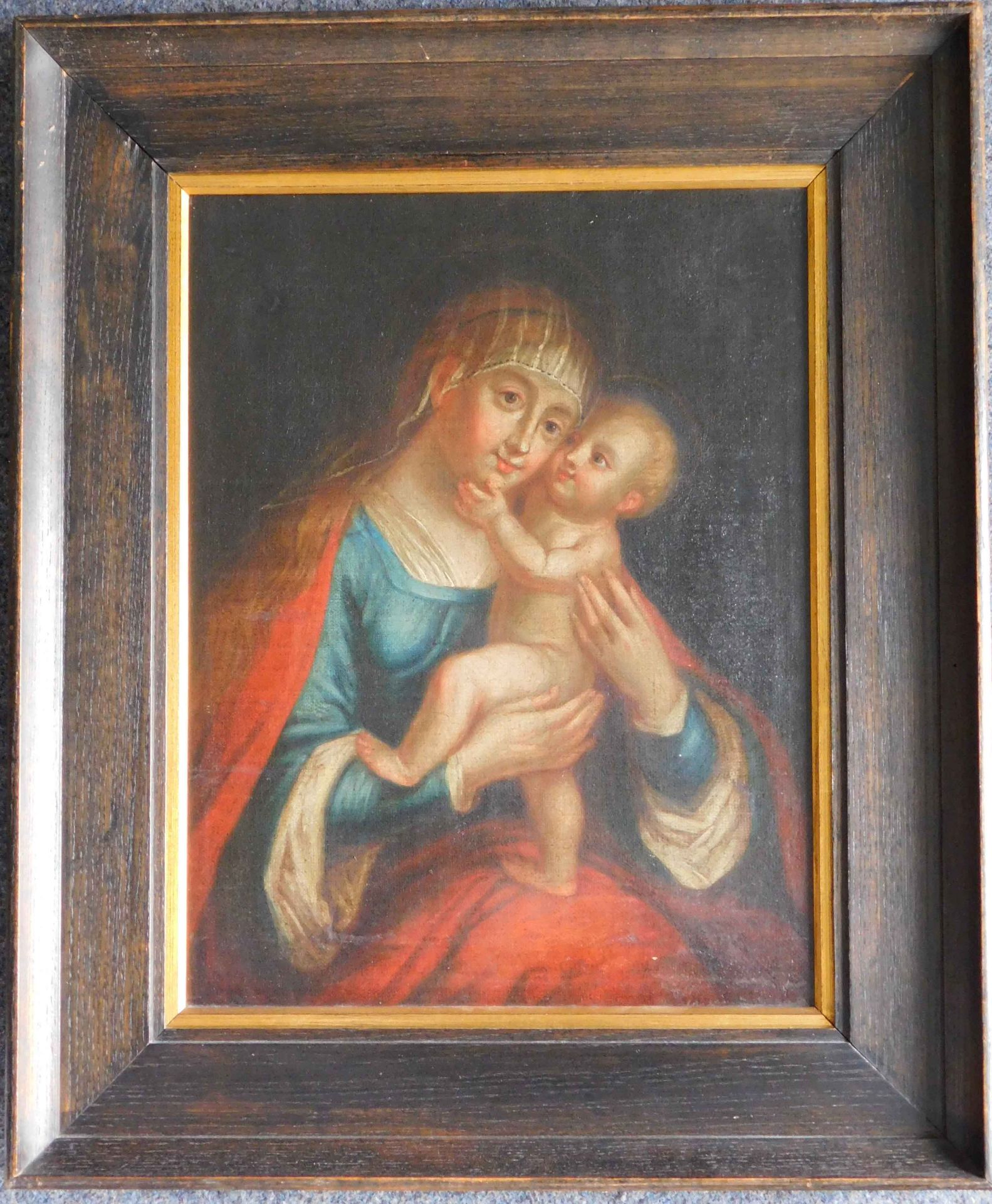 UNSIGNED (XVII - XVIII). Mary with Jesus.46 cm x 37 cm. Painting. Oil on canvas. Wax doubling. Italy - Bild 6 aus 6