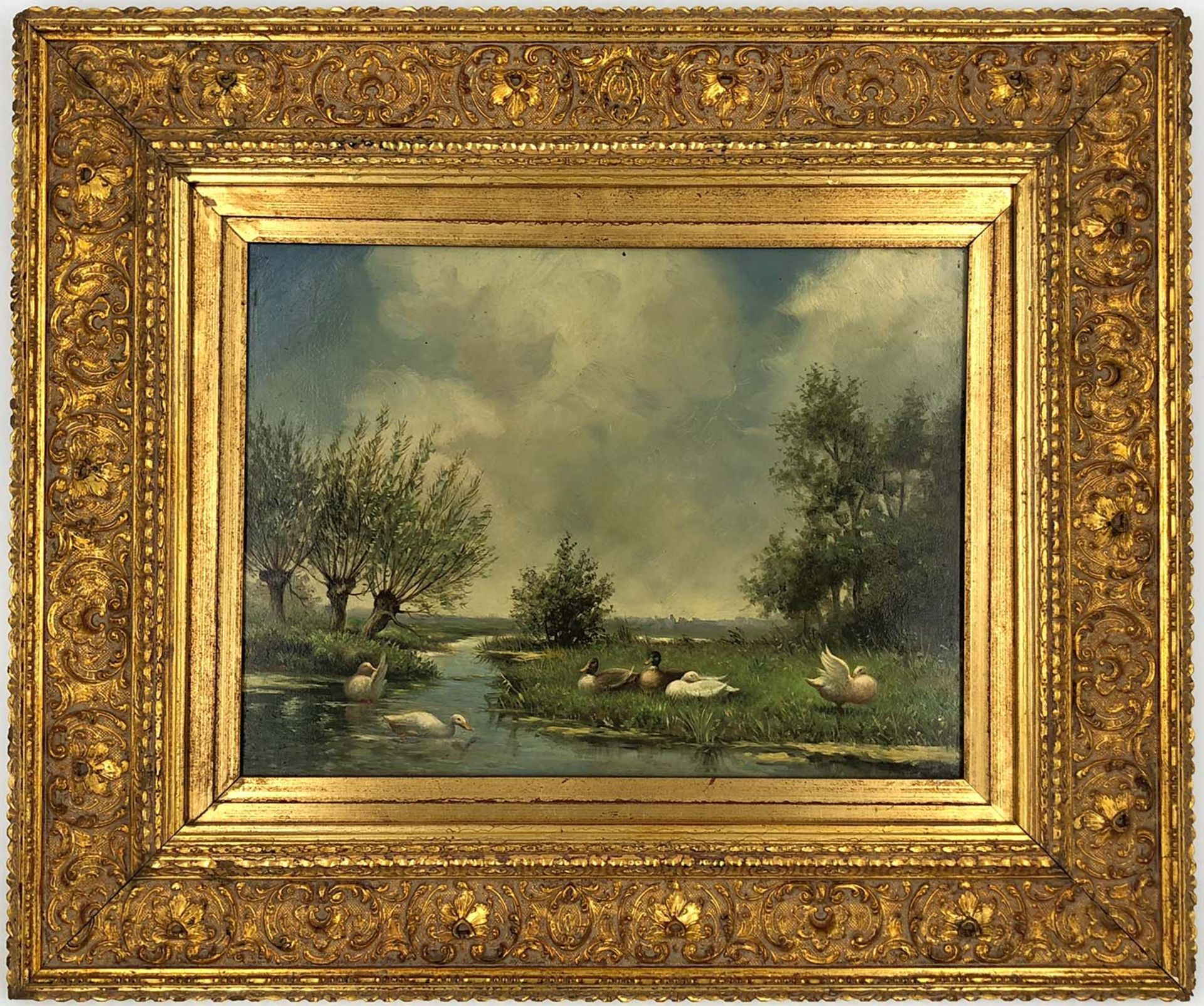UNSIGNED (XX). "Enten am Fluß".30 cm x 40 cm. Painting. Oil on wood. No signature found. Verso - Bild 5 aus 5